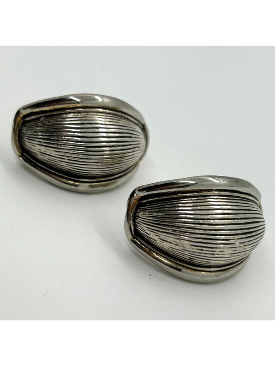 Estate Jewelry - Vintage Silver-Tone Ribbed Clip-On Earrings Chunky Teardrop Dome Statement